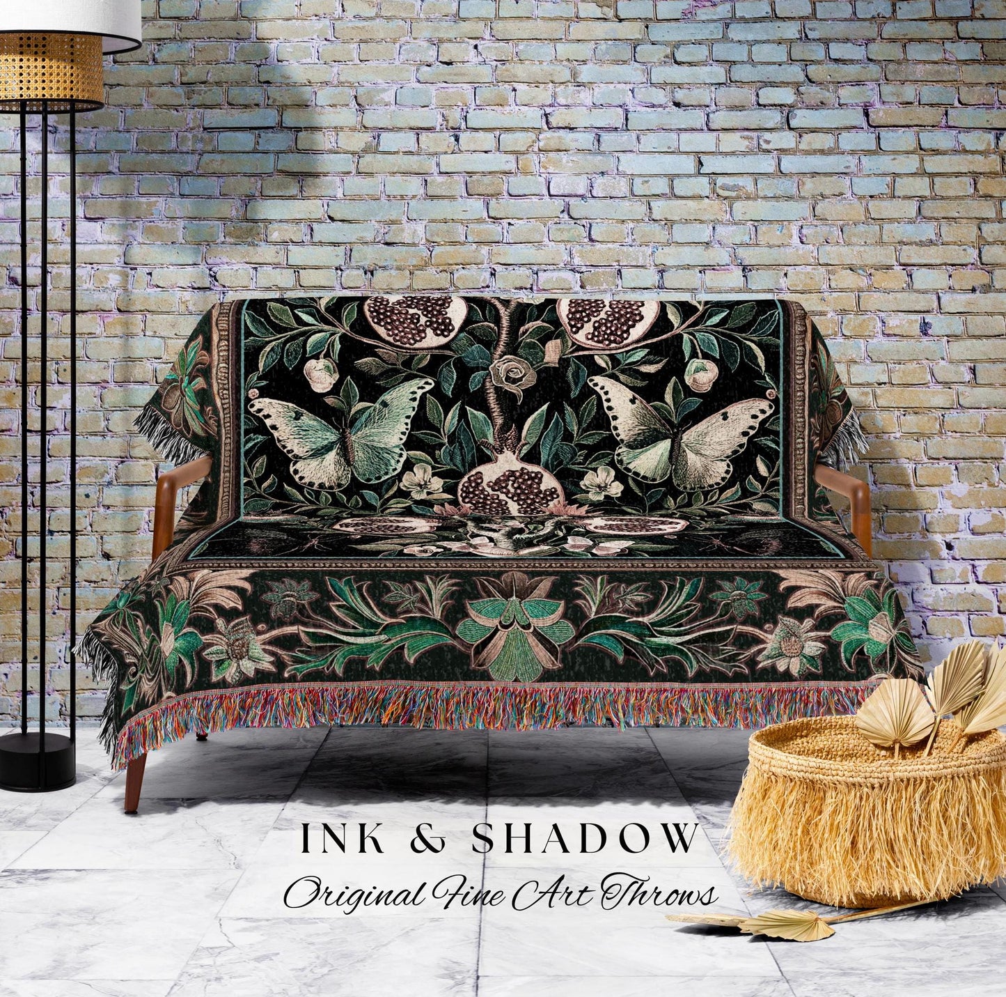 Mystical Pomegranate Forestcore Design Blanket Whimsical Nature Inspired Botanical Cottagecore Decor, Vintage Woodland Gothic Tapestry Throw