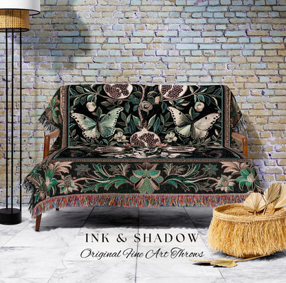 Mystical Pomegranate Forestcore Design Blanket Whimsical Nature Inspired Botanical Cottagecore Decor, Vintage Woodland Gothic Tapestry Throw