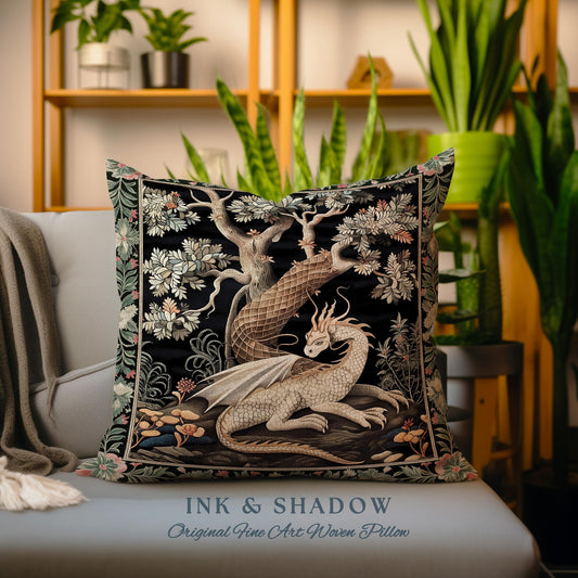 Gothic Cottagecore Dragon Tapestry Pillow Enchanted Fantasy Decor | Whimsical Medieval Forest Creature Cushion Vintage Fairytale Art Accent