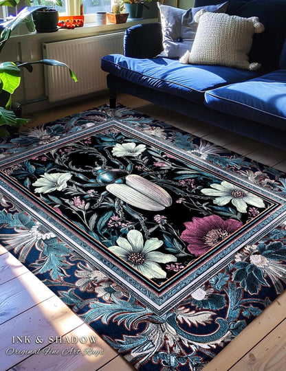 Victorian Gothic Scarab Beetle Rug Enchanted Dark Botanical | Whimsigothic Floral Art Nouveau Fairycore Cottagegoth Indigo Blue Insect Decor