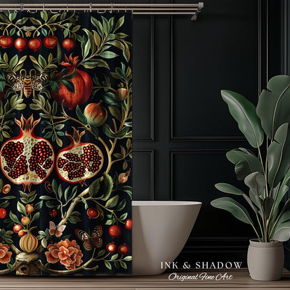 Botanical Pomegranate Shower Curtain Enchanted Floral Whimsigothic | Dark Academia Woodland Gothic Vintage Cottagegoth Bathroom Occult Decor