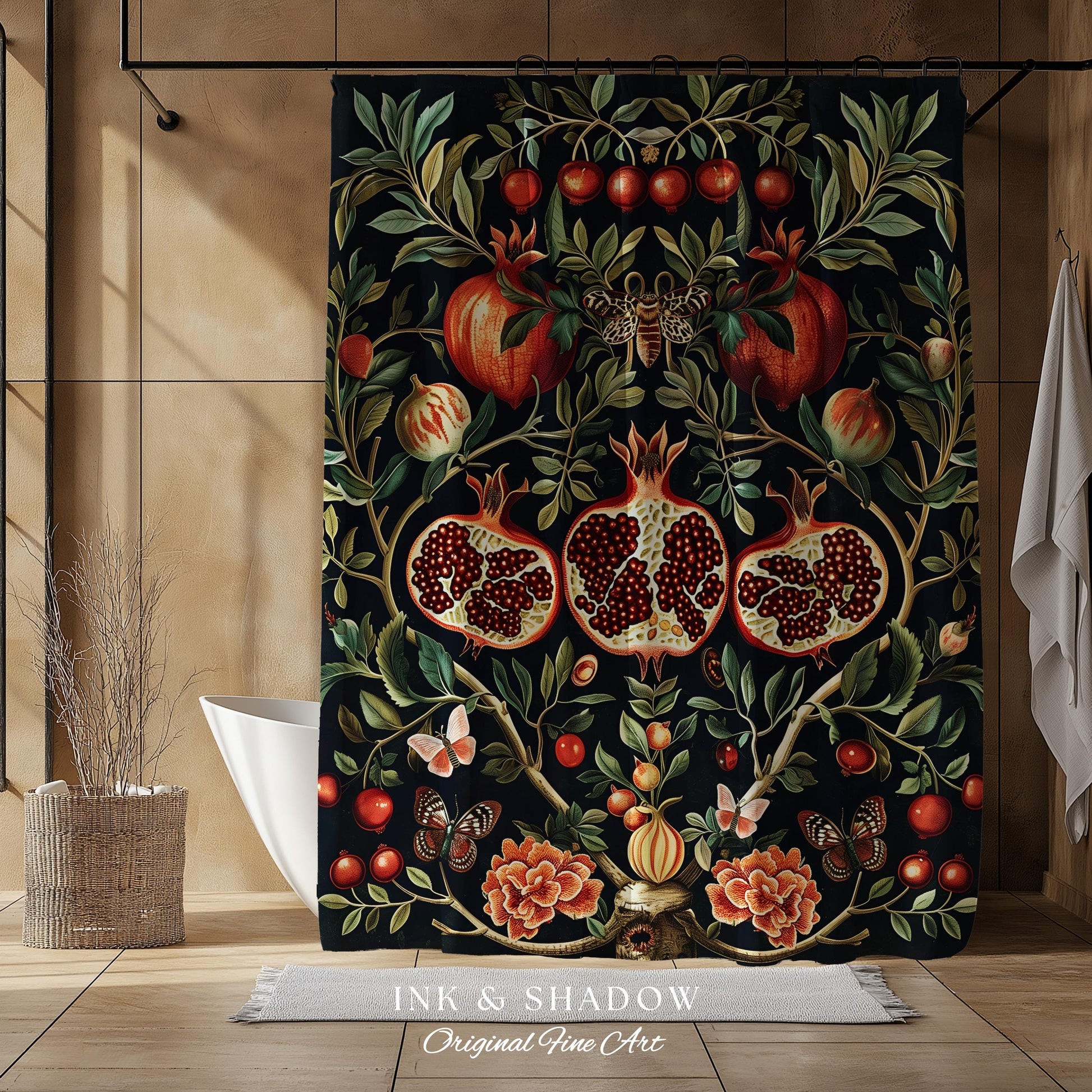 Botanical Pomegranate Shower Curtain Enchanted Floral Whimsigothic | Dark Academia Woodland Gothic Vintage Cottagegoth Bathroom Occult Decor