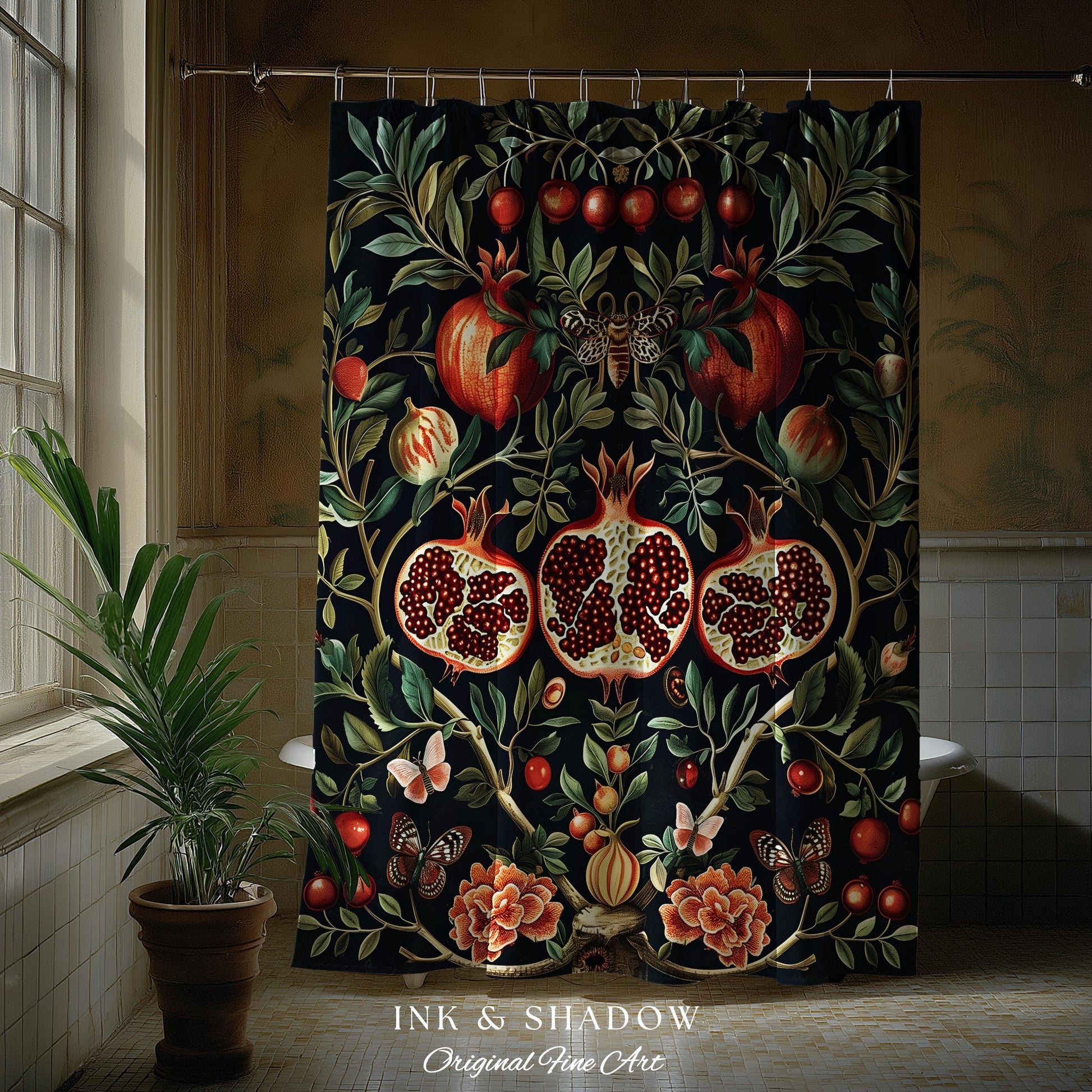 Botanical Pomegranate Shower Curtain Enchanted Floral Whimsigothic | Dark Academia Woodland Gothic Vintage Cottagegoth Bathroom Occult Decor