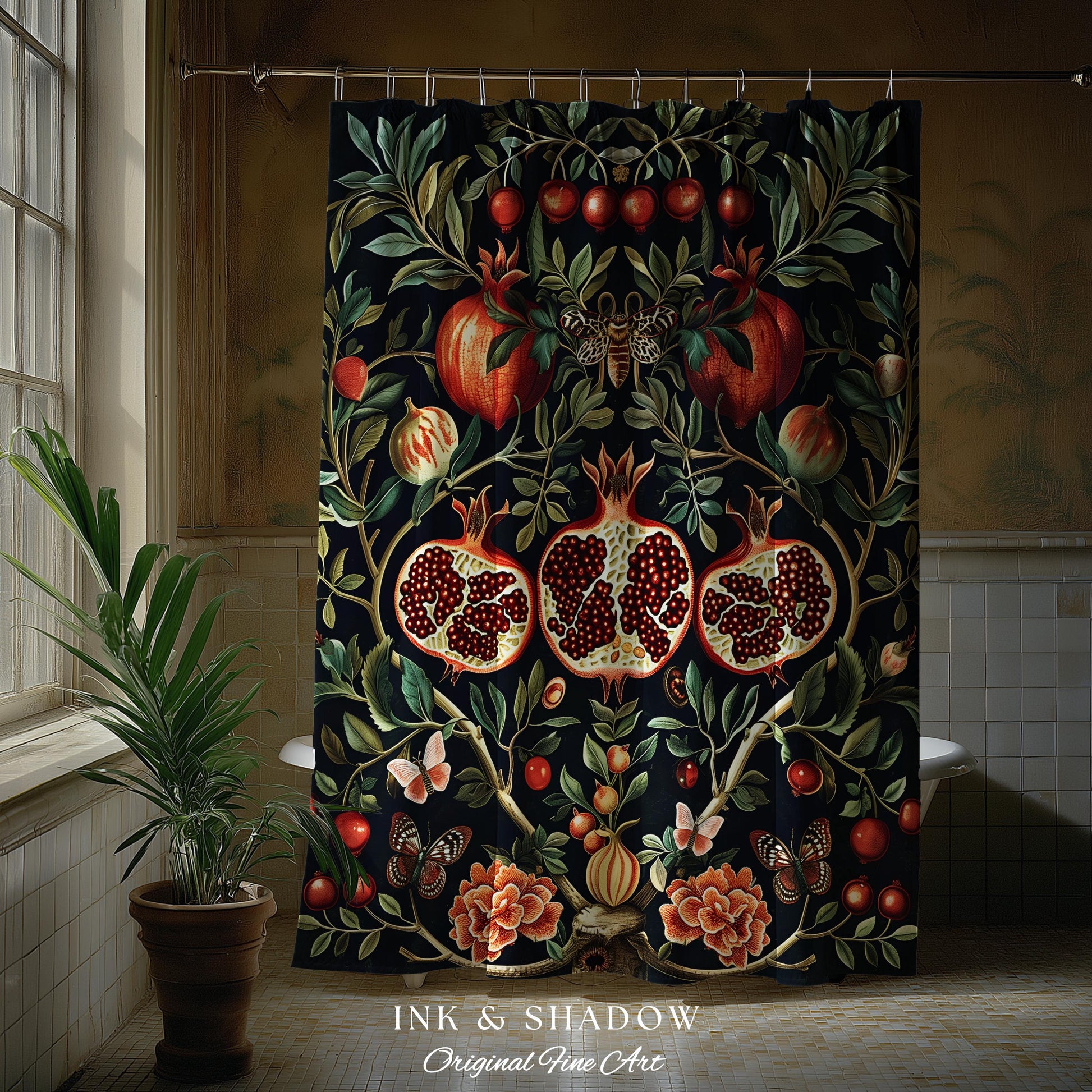 Botanical Pomegranate Shower Curtain Enchanted Floral Whimsigothic | Dark Academia Woodland Gothic Vintage Cottagegoth Bathroom Occult Decor