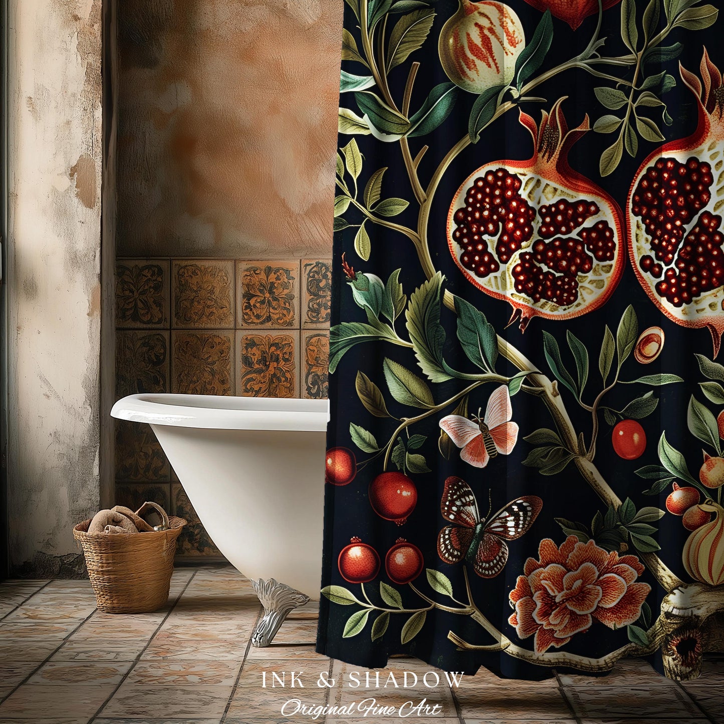 Botanical Pomegranate Shower Curtain Enchanted Floral Whimsigothic | Dark Academia Woodland Gothic Vintage Cottagegoth Bathroom Occult Decor