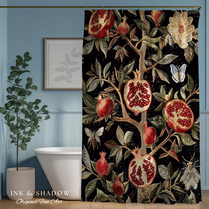 Gothic Pomegranate Shower Curtains Mystical Botanical | Baroque Inspired Dark Academia Floral Butterfly Fruit Whimsigothic Bathroom Decor |