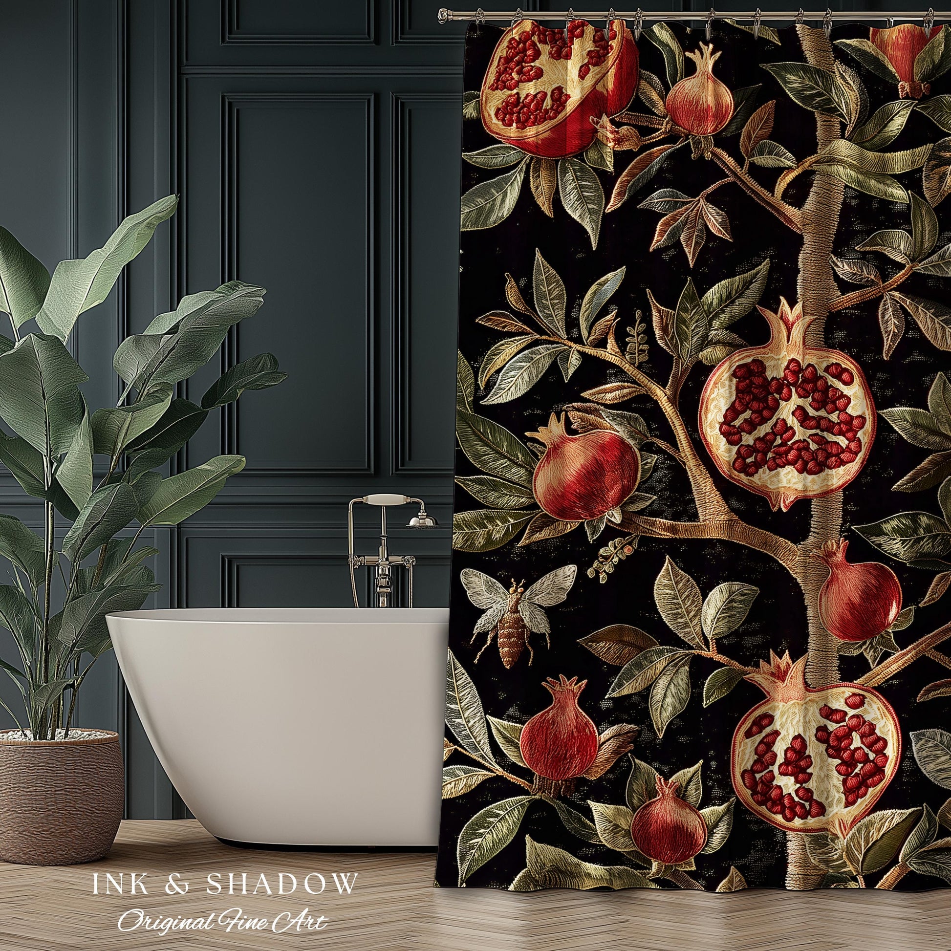 Gothic Pomegranate Shower Curtains Mystical Botanical | Baroque Inspired Dark Academia Floral Butterfly Fruit Whimsigothic Bathroom Decor |