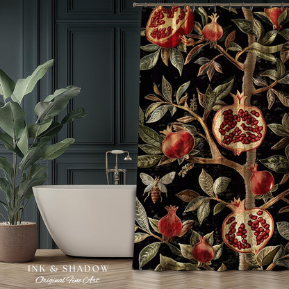 Gothic Pomegranate Shower Curtains Mystical Botanical | Baroque Inspired Dark Academia Floral Butterfly Fruit Whimsigothic Bathroom Decor |
