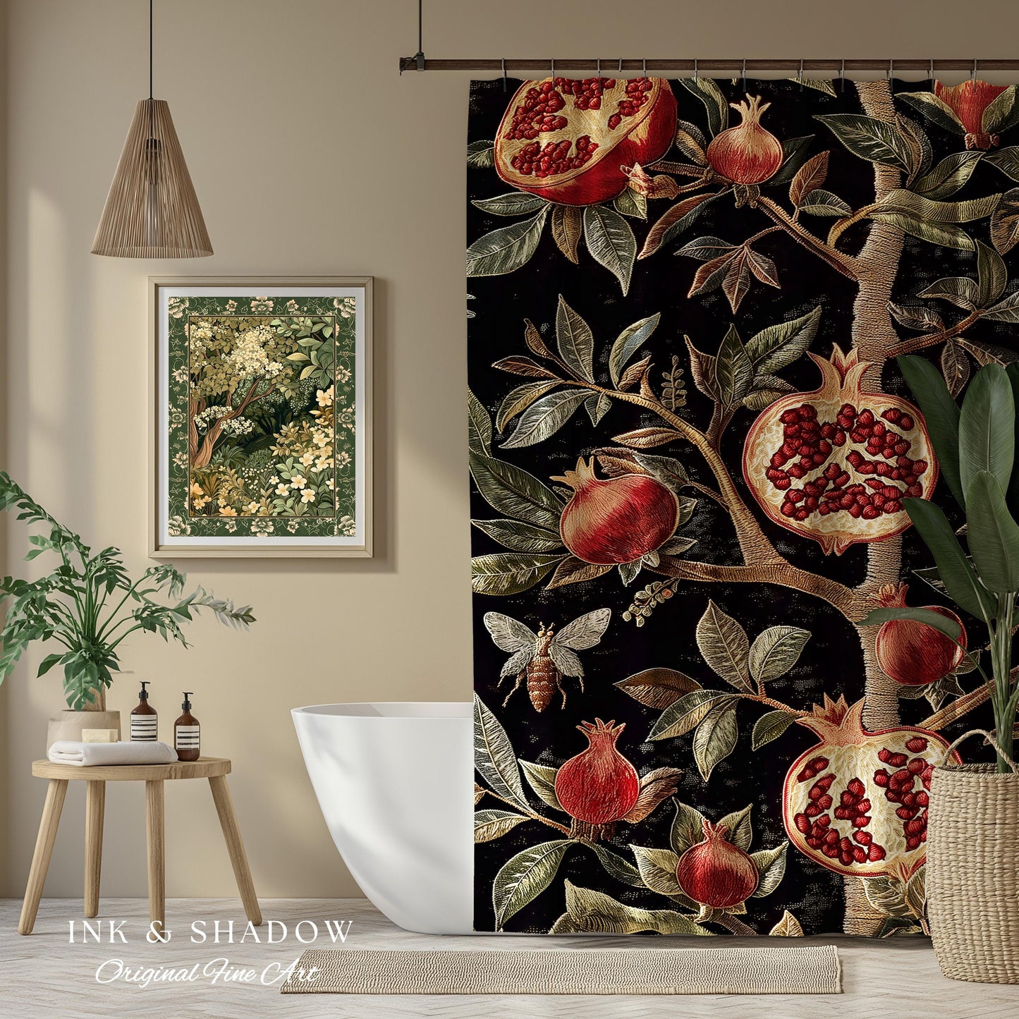 Gothic Pomegranate Shower Curtains Mystical Botanical | Baroque Inspired Dark Academia Floral Butterfly Fruit Whimsigothic Bathroom Decor |