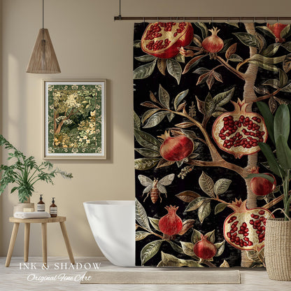 Gothic Pomegranate Shower Curtains Mystical Botanical | Baroque Inspired Dark Academia Floral Butterfly Fruit Whimsigothic Bathroom Decor |