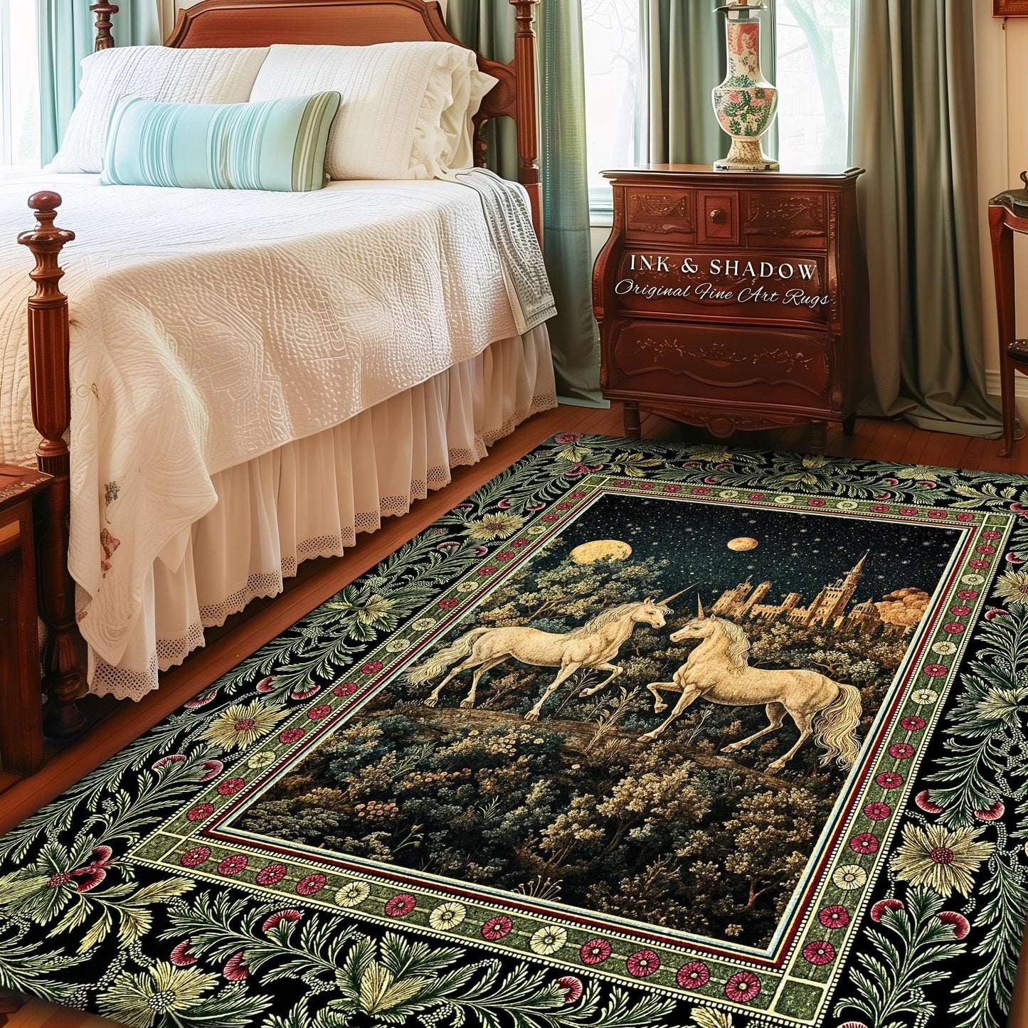 Dreamy Castle Landscape Unicorn Rug | Whimsical Elegance Bedroom Accent Rug Magical Storybook Aesthetic Fairytale Landscape Enchanted Style