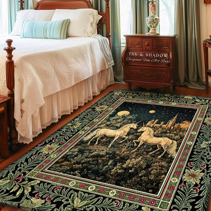 Dreamy Castle Landscape Unicorn Rug | Whimsical Elegance Bedroom Accent Rug Magical Storybook Aesthetic Fairytale Landscape Enchanted Style