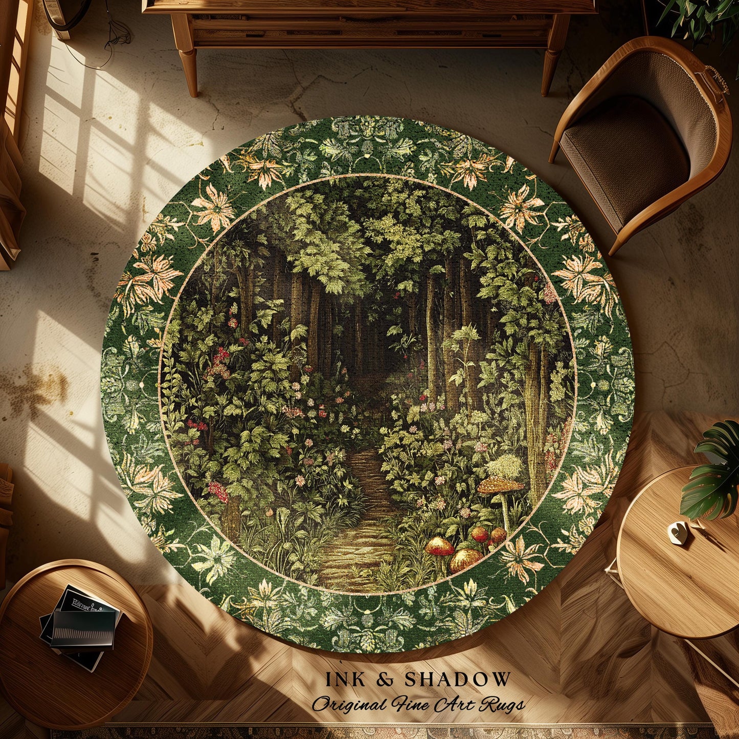 Fairytale Forest Botanical Round Rug | Mystic Aesthetic Woodland Home Magical Decor Plant Loving Home Decor Botanical Emerald Woods Gothic |