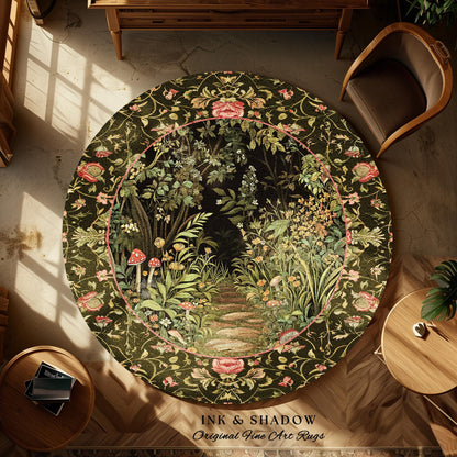 Toadstool Forest Mystical Mushroom Round Rug | Dark Academia Folklore Forest Inspired Fairycore Botanical Aesthetic Accent Rug Magical Style