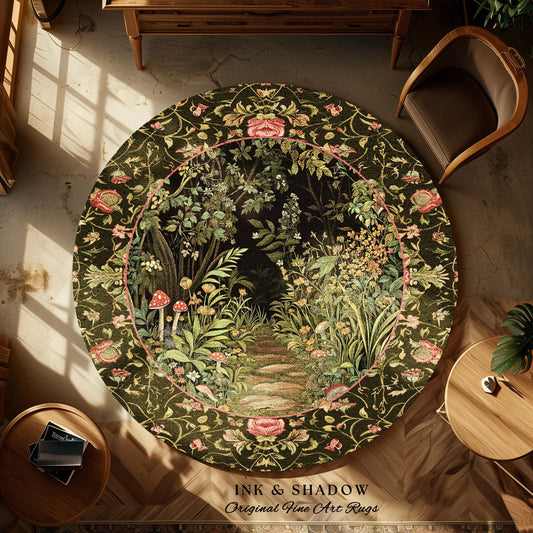 Toadstool Forest Mystical Mushroom Round Rug | Dark Academia Folklore Forest Inspired Fairycore Botanical Aesthetic Accent Rug Magical Style