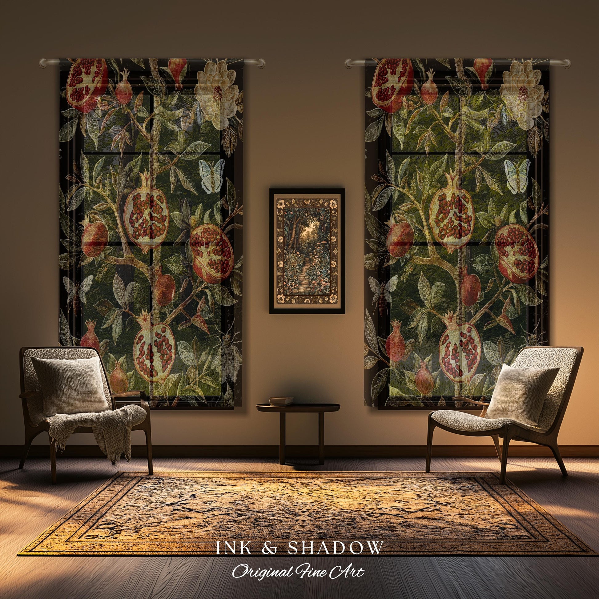 Gothic Pomegranate Curtains Mystical Botanical Drapes | Baroque Inspired Dark Academia Floral Butterfly Fruit Whimsigothic Window Decor |
