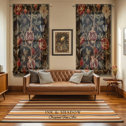 Gothic Pomegranate Curtains Mystical Botanical Drapes | Baroque Inspired Dark Academia Floral Butterfly Fruit Whimsigothic Window Decor |