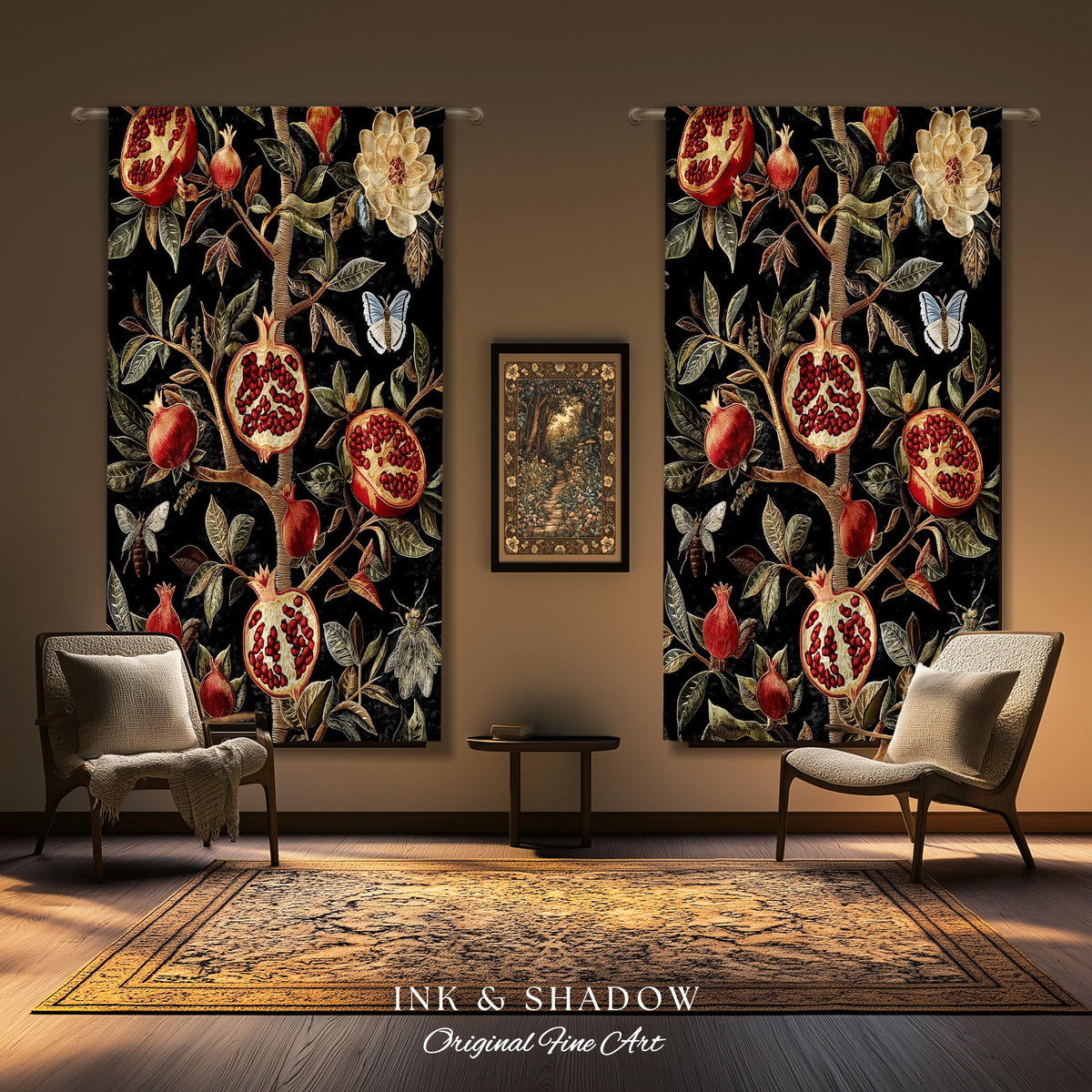 Gothic Pomegranate Curtains Mystical Botanical Drapes | Baroque Inspired Dark Academia Floral Butterfly Fruit Whimsigothic Window Decor |