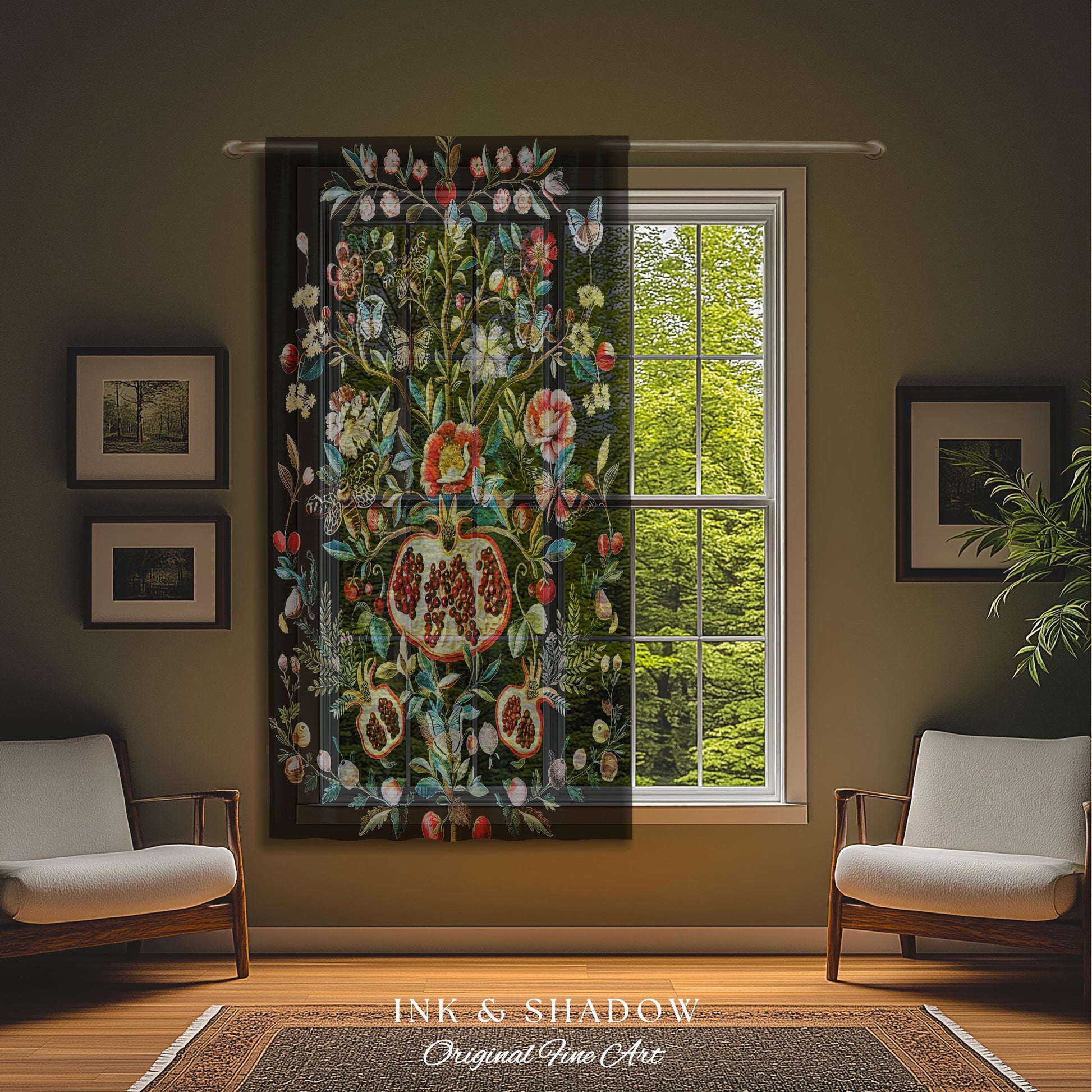 Fairycore Pomegranate Curtains Enchanted Woodland Drapes | Whimsical Cottagecore Butterfly Moth Vintage Aesthetic Dark Floral Decor Gothic |