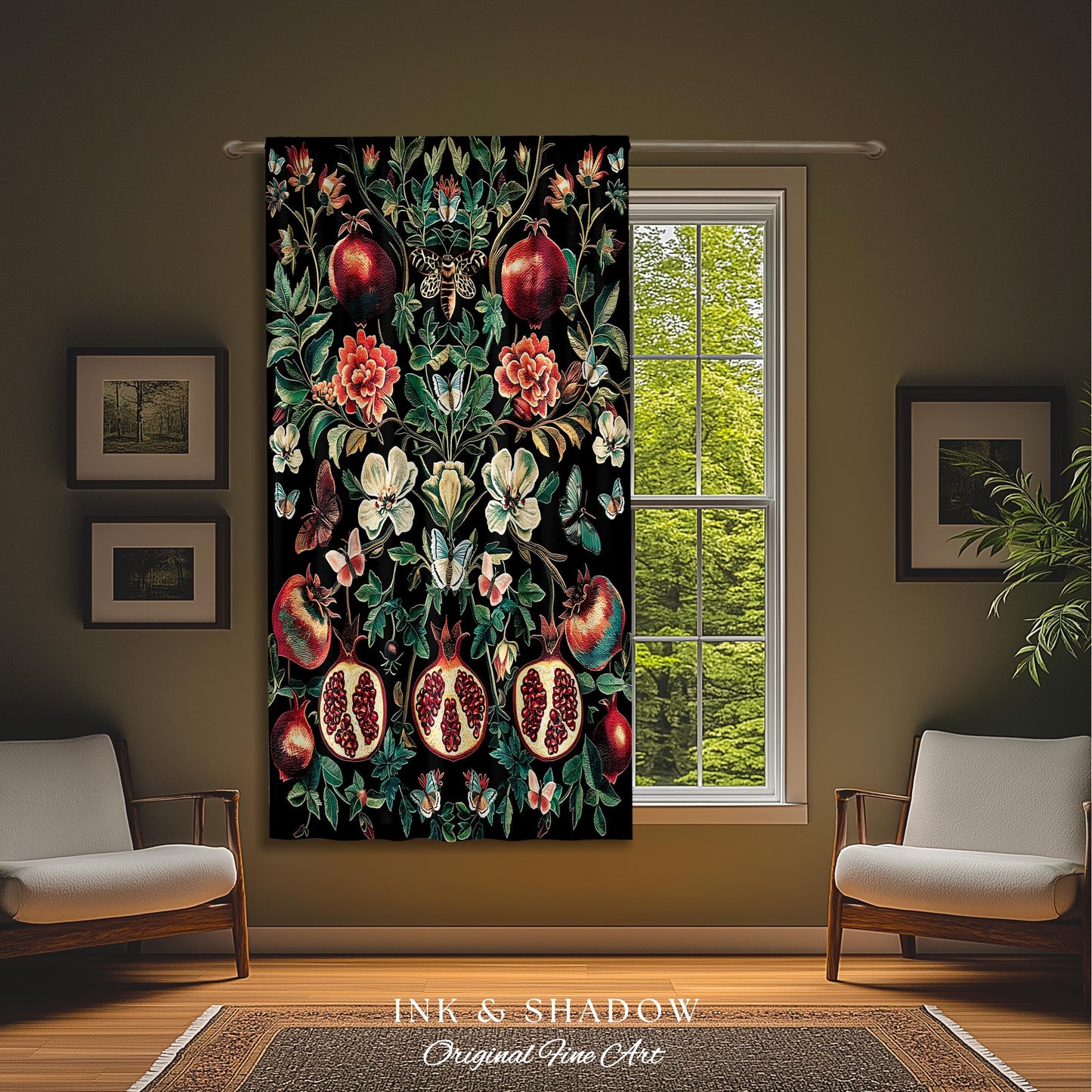 Ethereal Pomegranate Curtain Enchanted Botanical Drapes | Baroque Inspired Dark Academia Butterfly Moth Gothic Floral Fruit Decor Botanical