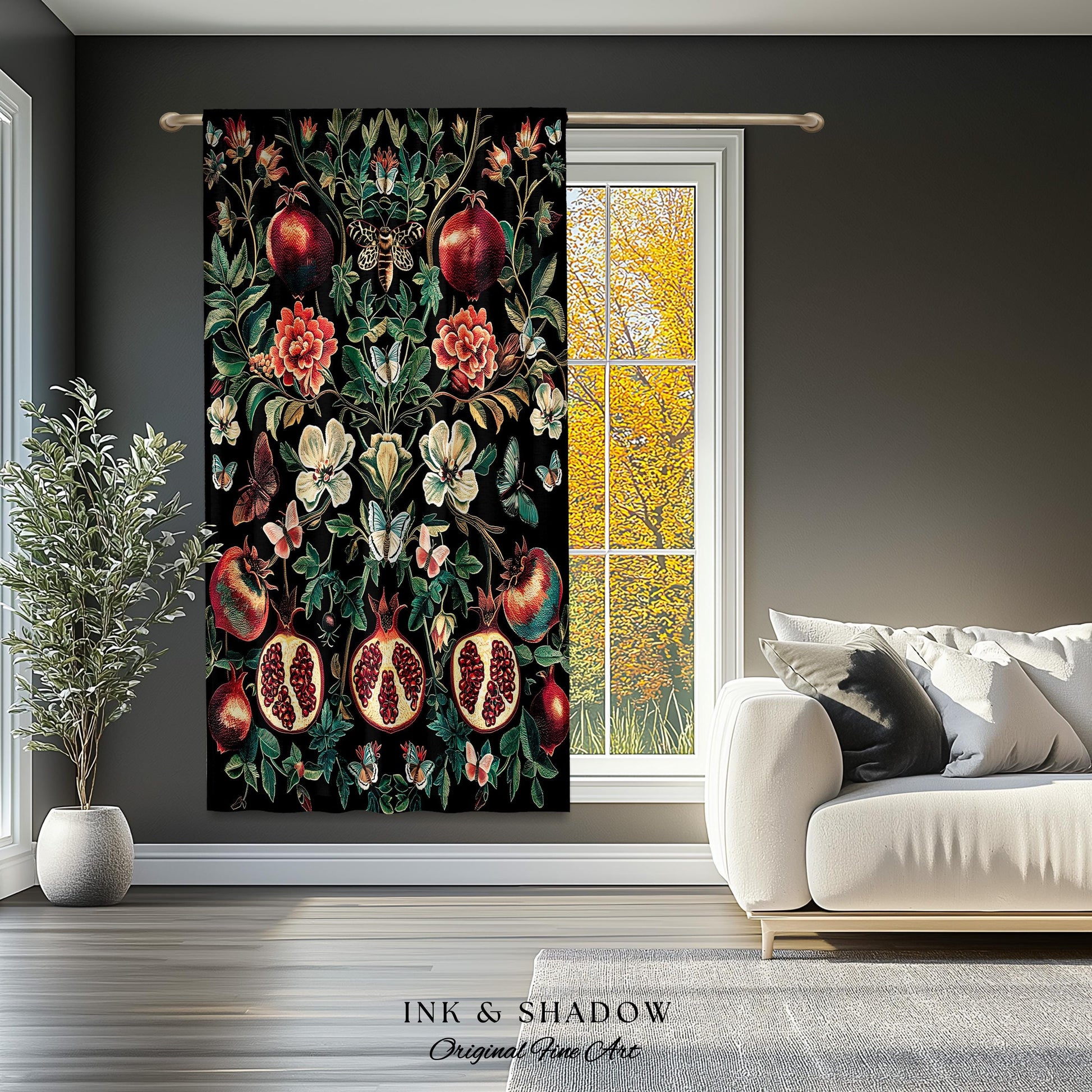 Ethereal Pomegranate Curtain Enchanted Botanical Drapes | Baroque Inspired Dark Academia Butterfly Moth Gothic Floral Fruit Decor Botanical