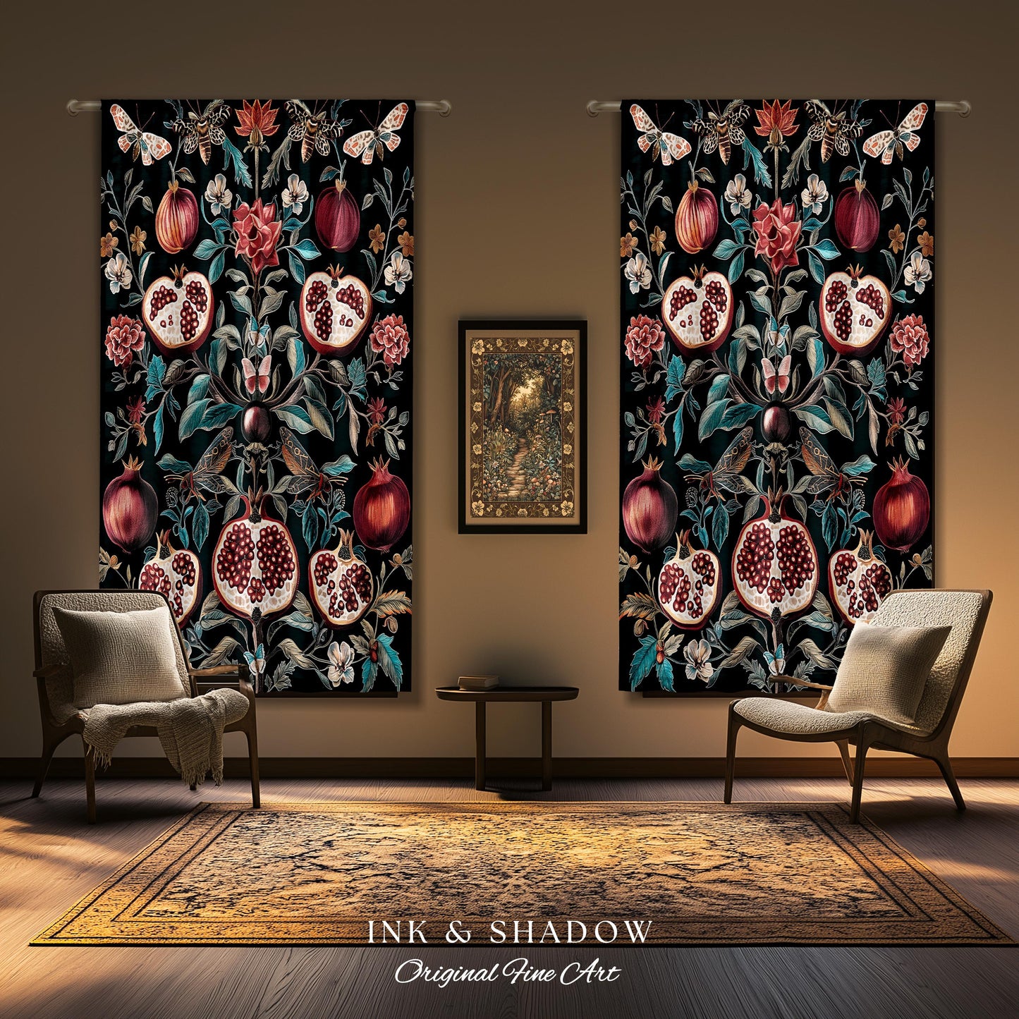 Woodland Gothic Pomegranate Botanical Curtain Enchanted Forest Nature Decor | Romantic Baroque Whimsical Floral Cottagecore Drapes Eclectic