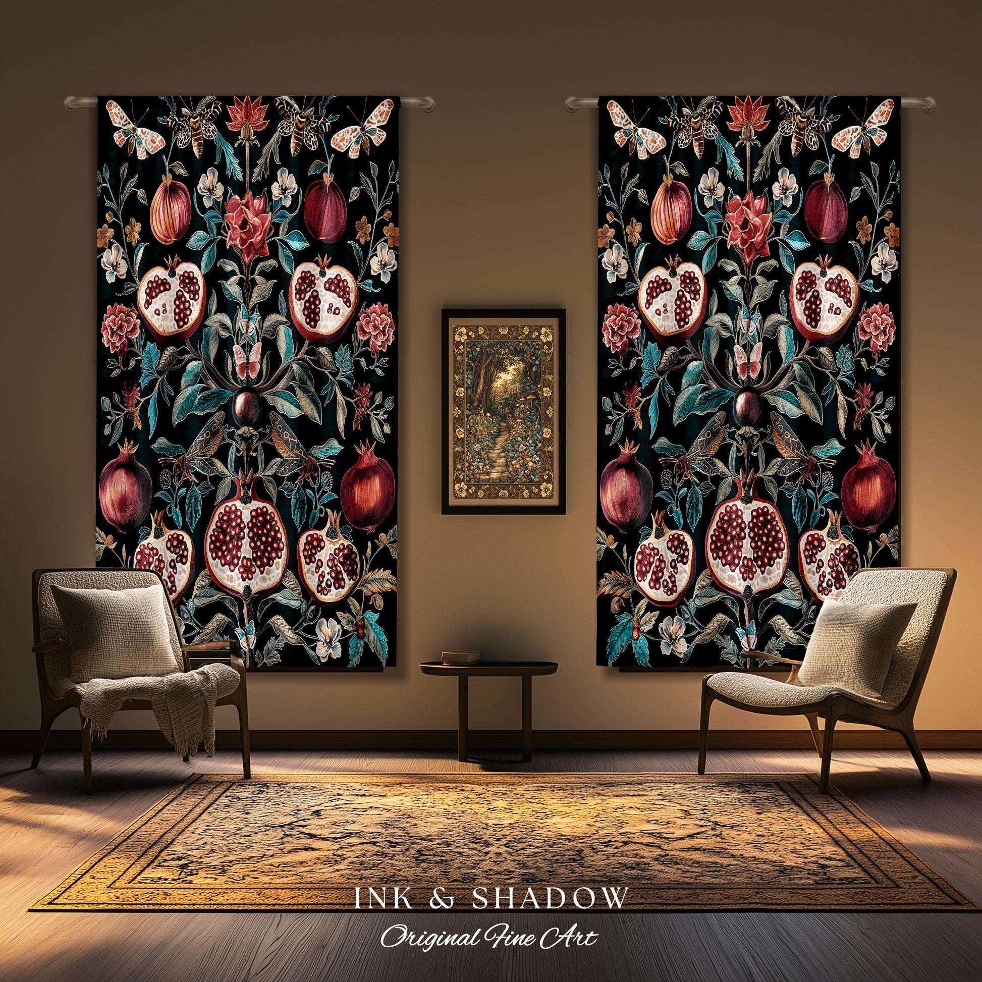 Woodland Gothic Pomegranate Botanical Curtain Enchanted Forest Nature Decor | Romantic Baroque Whimsical Floral Cottagecore Drapes Eclectic