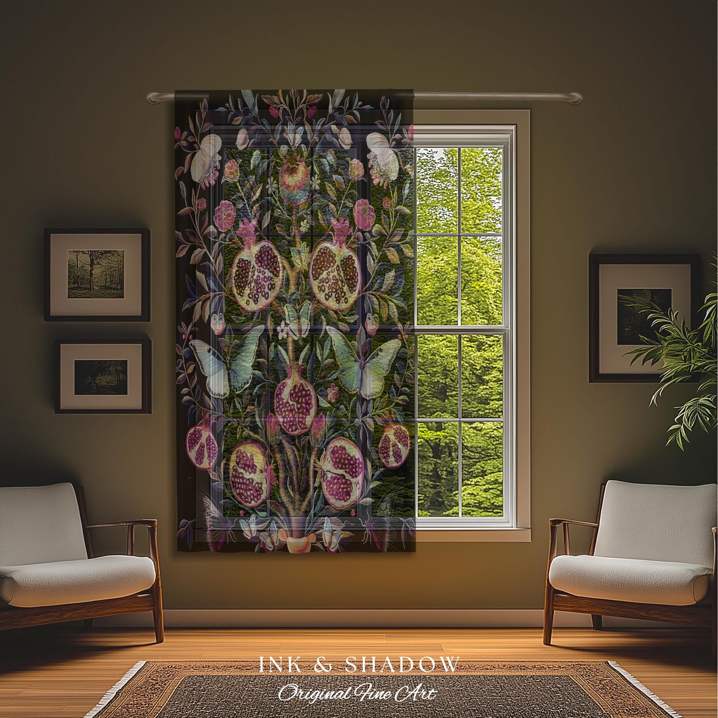 Whimsical Pomegranate Curtain Enchanted Woodland | Dark Academia Vintage Floral Aesthetic Butterfly Art Ethereal Decor Colorful Drapes Boho