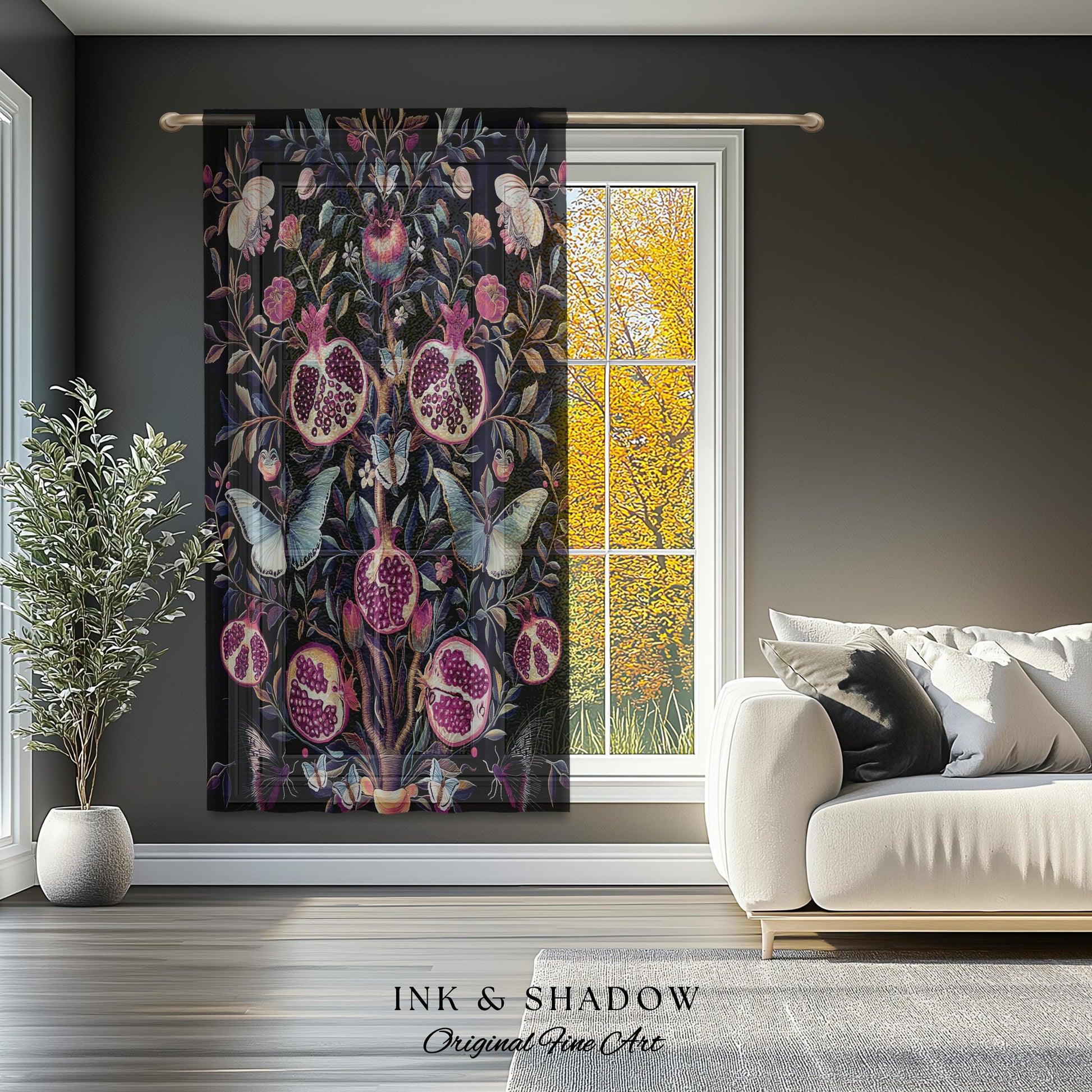 Whimsical Pomegranate Curtain Enchanted Woodland | Dark Academia Vintage Floral Aesthetic Butterfly Art Ethereal Decor Colorful Drapes Boho