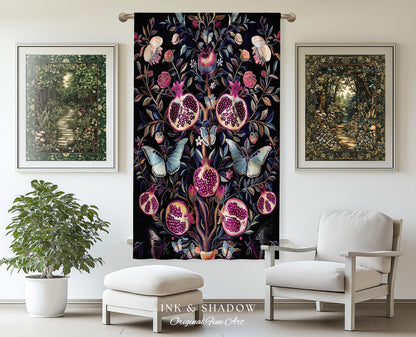 Whimsical Pomegranate Curtain Enchanted Woodland | Dark Academia Vintage Floral Aesthetic Butterfly Art Ethereal Decor Colorful Drapes Boho