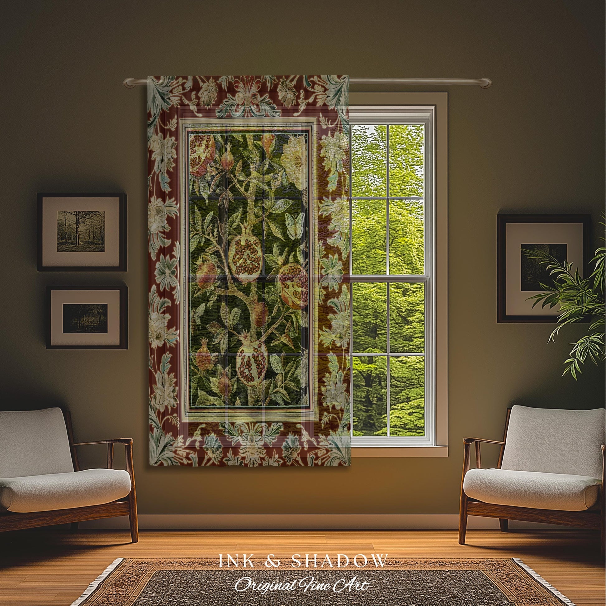 Floral Whimsigoth Vintage Pomegranate Art Nature Curtains Cottagegoth Botanical Baroque Elegance, Medieval Style Forestcore Drapes Whimsical
