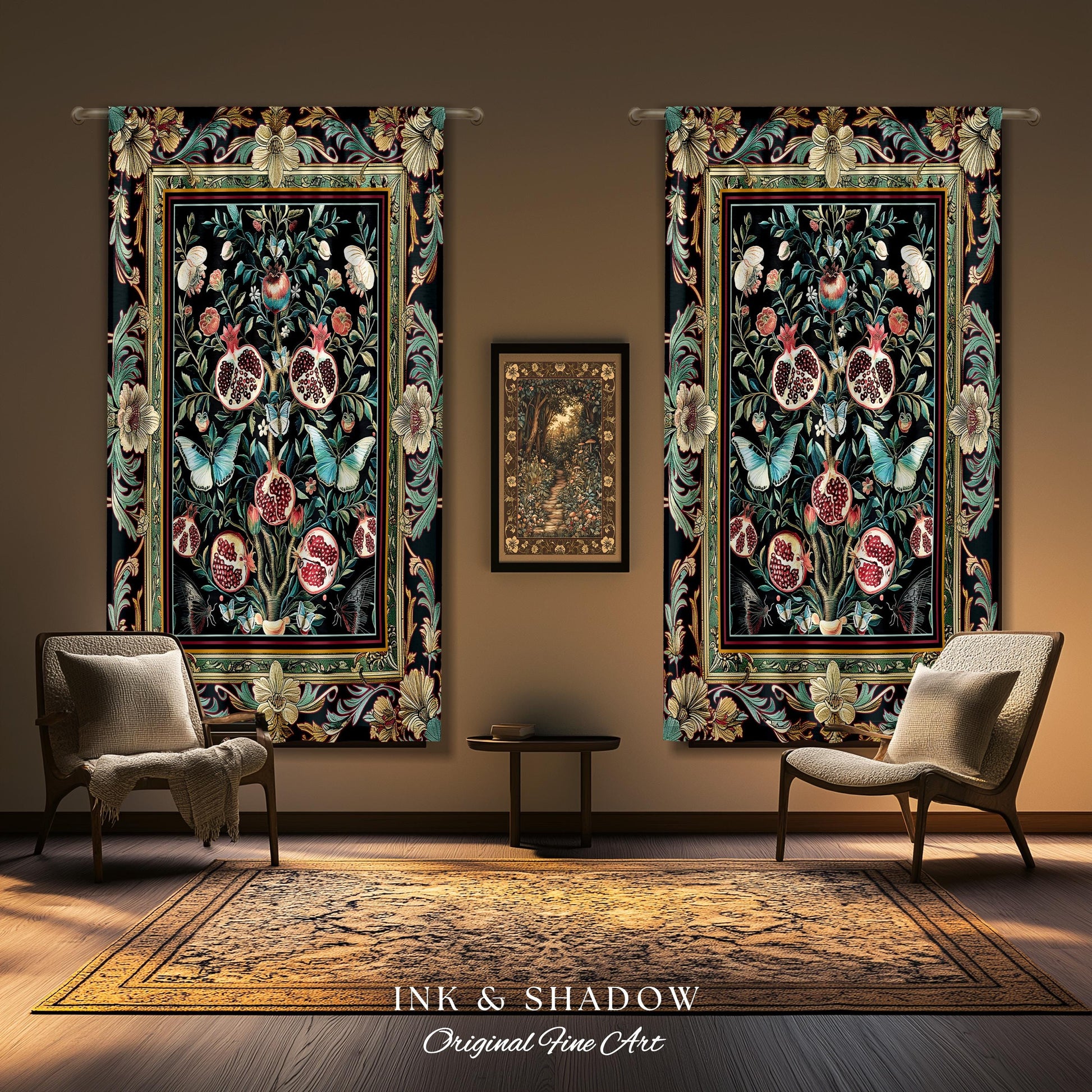 Baroque Botanical Pomegranate Butterfly Curtain Nature Inspired Fairy Forestcore Art, Floral Victorian Gothic Woodland Whimsy Moth Drapes