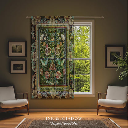 Baroque Botanical Pomegranate Butterfly Curtain Nature Inspired Fairy Forestcore Art, Floral Victorian Gothic Woodland Whimsy Moth Drapes