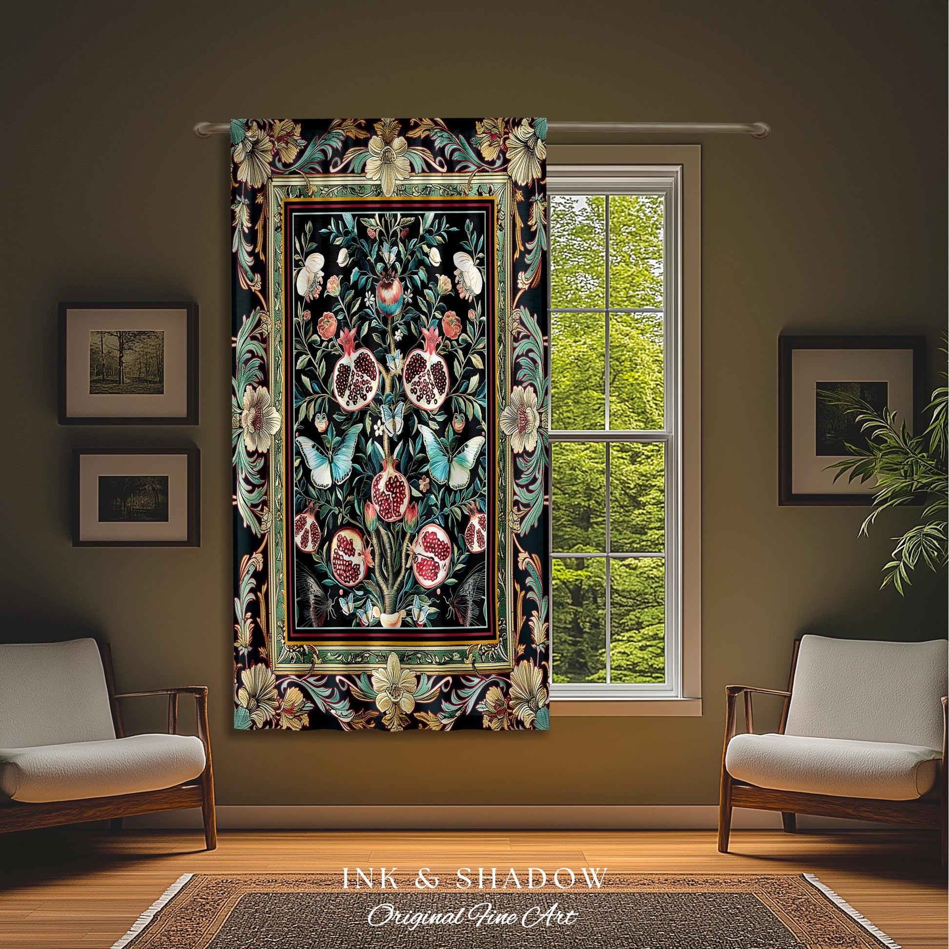 Baroque Botanical Pomegranate Butterfly Curtain Nature Inspired Fairy Forestcore Art, Floral Victorian Gothic Woodland Whimsy Moth Drapes