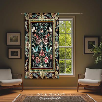 Baroque Botanical Pomegranate Butterfly Curtain Nature Inspired Fairy Forestcore Art, Floral Victorian Gothic Woodland Whimsy Moth Drapes