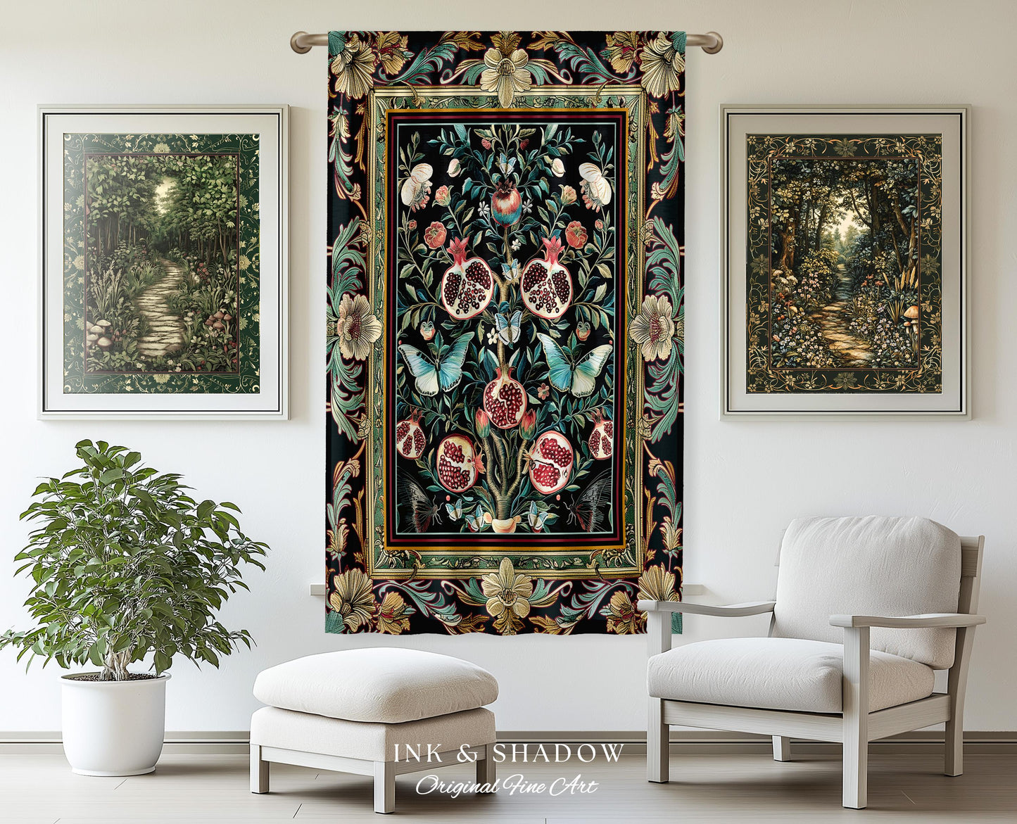 Baroque Botanical Pomegranate Butterfly Curtain Nature Inspired Fairy Forestcore Art, Floral Victorian Gothic Woodland Whimsy Moth Drapes