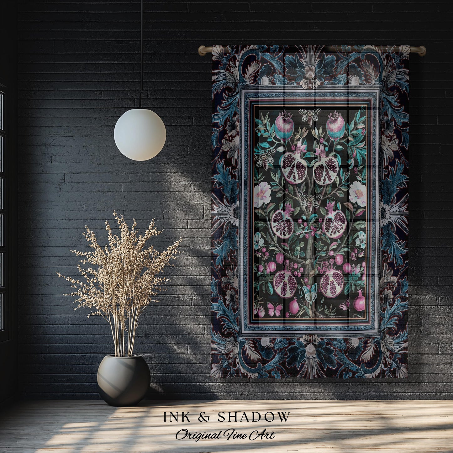 Enchanted Floral Pomegranate Curtain Whimsigothic Botanical Cottagecore Drapes, Dark Academia Decor Indigo Blue Art Nouveau Home Accents |