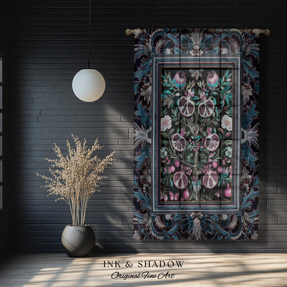 Enchanted Floral Pomegranate Curtain Whimsigothic Botanical Cottagecore Drapes, Dark Academia Decor Indigo Blue Art Nouveau Home Accents |
