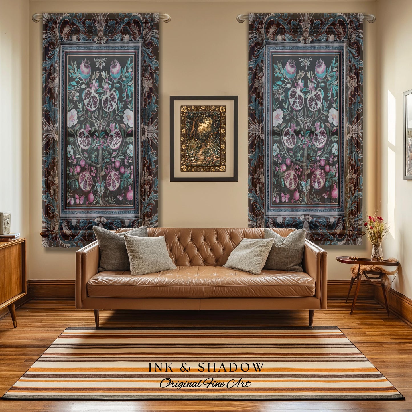Enchanted Floral Pomegranate Curtain Whimsigothic Botanical Cottagecore Drapes, Dark Academia Decor Indigo Blue Art Nouveau Home Accents |