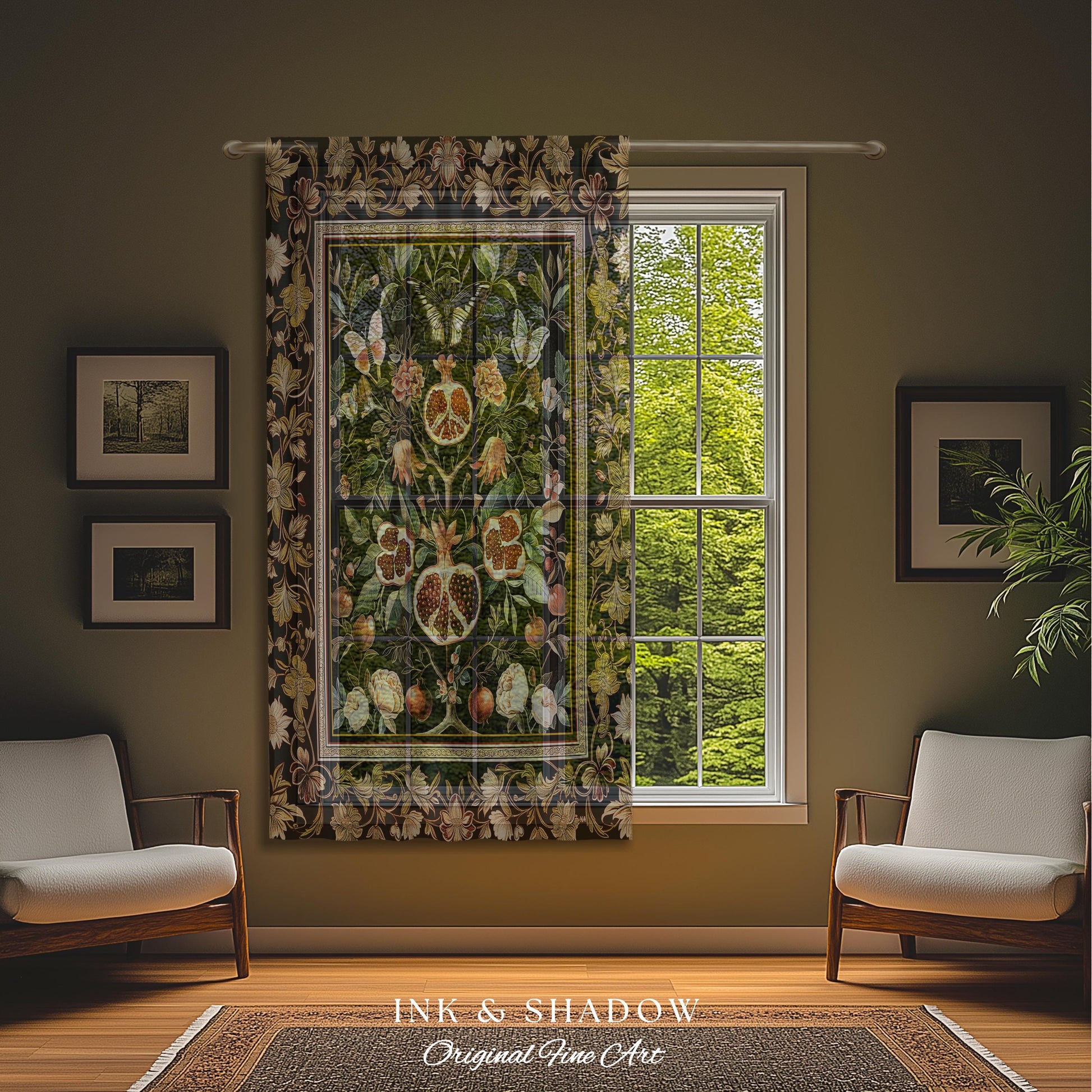 Victorian Gothic Pomegranate Curtains Dark Botanical Vintage Aesthetic Decor | Enchanted Forest Wildflower Art Butterfly Drapes Woodland |