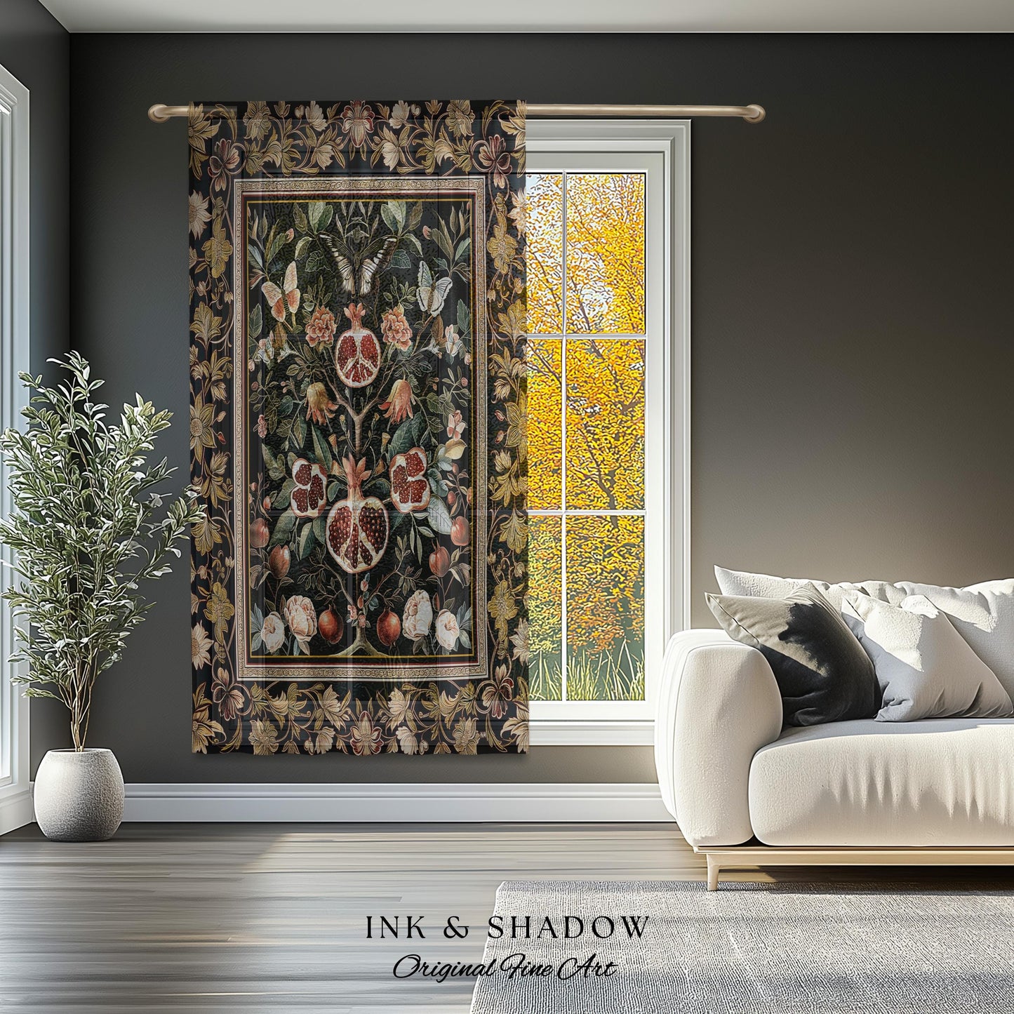 Victorian Gothic Pomegranate Curtains Dark Botanical Vintage Aesthetic Decor | Enchanted Forest Wildflower Art Butterfly Drapes Woodland |
