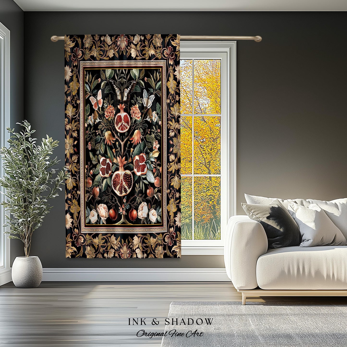 Victorian Gothic Pomegranate Curtains Dark Botanical Vintage Aesthetic Decor | Enchanted Forest Wildflower Art Butterfly Drapes Woodland |
