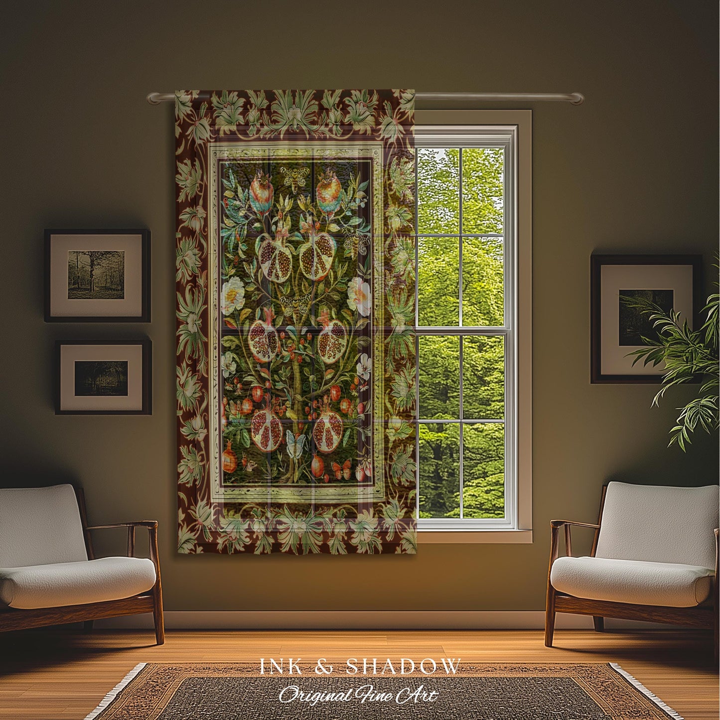 Antique Aesthetic Pomegranate Curtain Enchanted Garden Inspired Drapes | Dark Cottagecore Gothic Woodland Whimsy Floral Butterfly Moth Decor