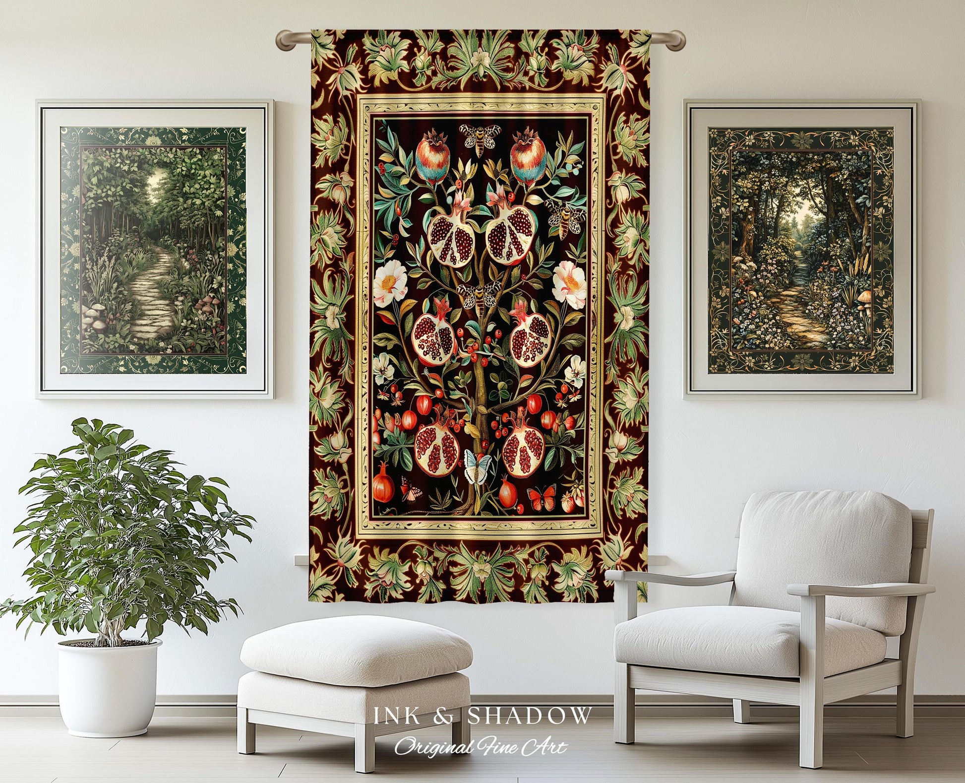Antique Aesthetic Pomegranate Curtain Enchanted Garden Inspired Drapes | Dark Cottagecore Gothic Woodland Whimsy Floral Butterfly Moth Decor