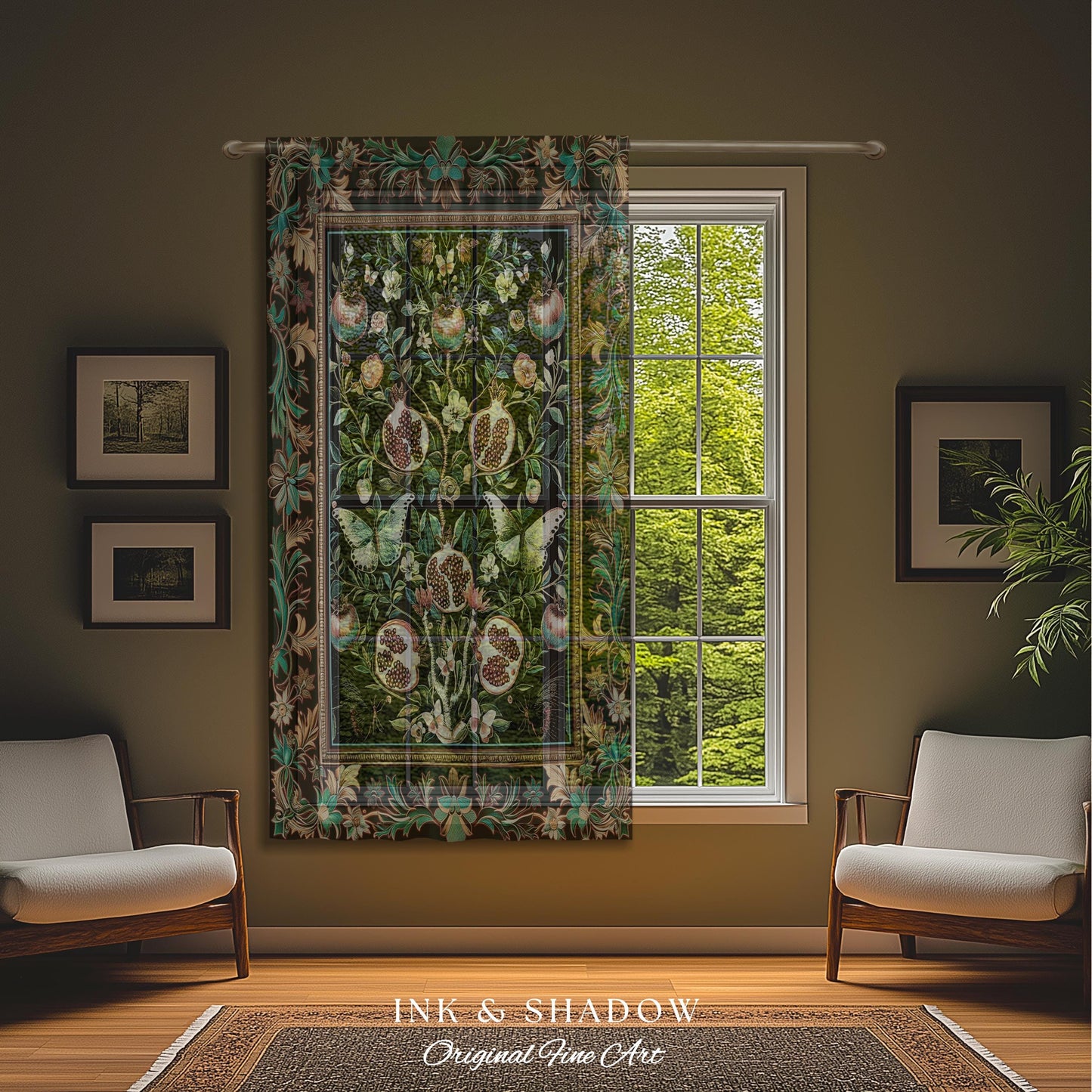 Mystical Pomegranate Forestcore Design Curtain Whimsical Nature Inspired Botanical Cottagecore Decor, Vintage Woodland Gothic Drapes Magical