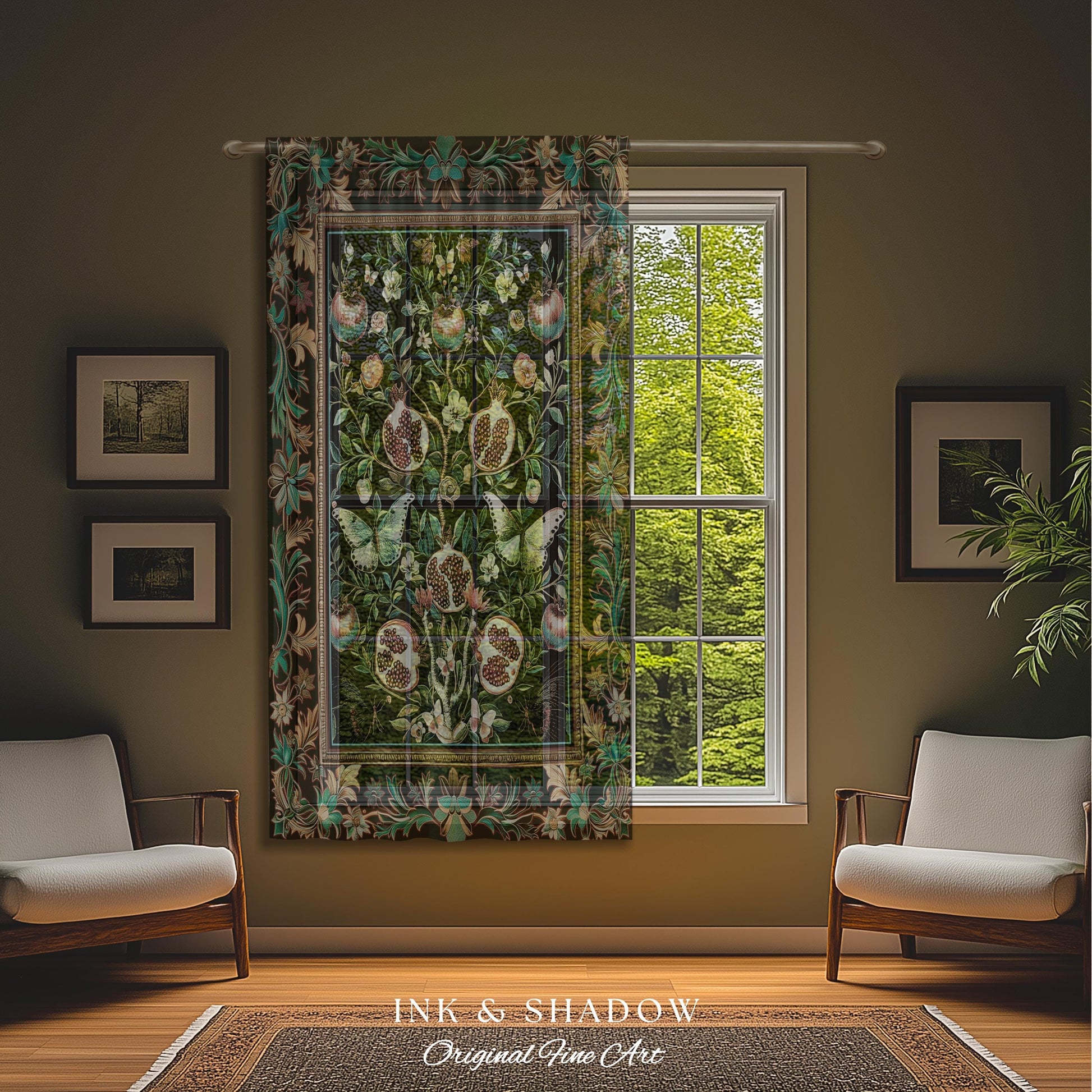 Mystical Pomegranate Forestcore Design Curtain Whimsical Nature Inspired Botanical Cottagecore Decor, Vintage Woodland Gothic Drapes Magical