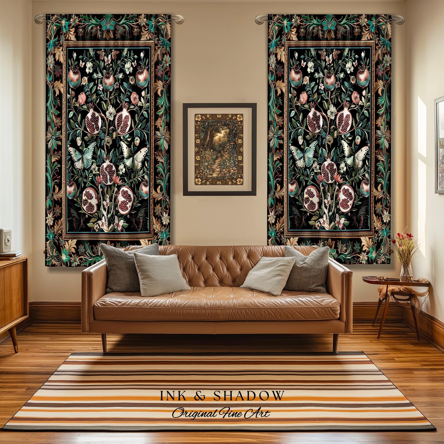 Mystical Pomegranate Forestcore Design Curtain Whimsical Nature Inspired Botanical Cottagecore Decor, Vintage Woodland Gothic Drapes Magical