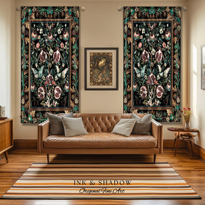Mystical Pomegranate Forestcore Design Curtain Whimsical Nature Inspired Botanical Cottagecore Decor, Vintage Woodland Gothic Drapes Magical