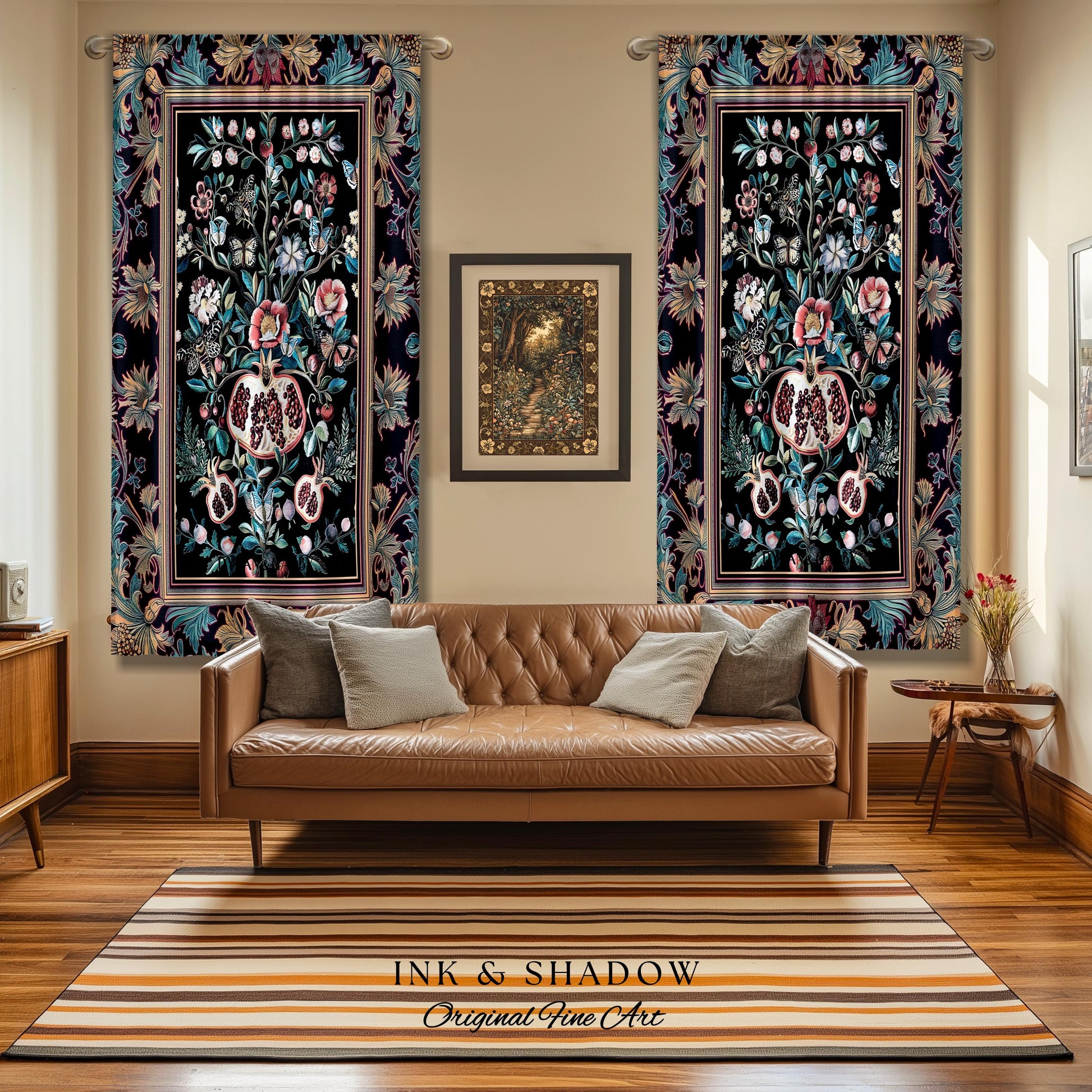Witchy Dark Academia Pomegranate Curtain Whimsigothic Floral Home Decor, Enchanted Cottagecore Drapes Victorian Gothic Dark Nature Accent |