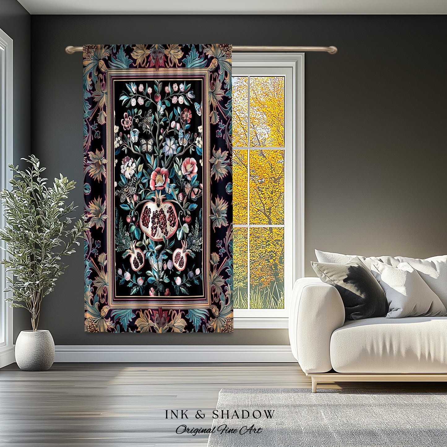 Witchy Dark Academia Pomegranate Curtain Whimsigothic Floral Home Decor, Enchanted Cottagecore Drapes Victorian Gothic Dark Nature Accent |